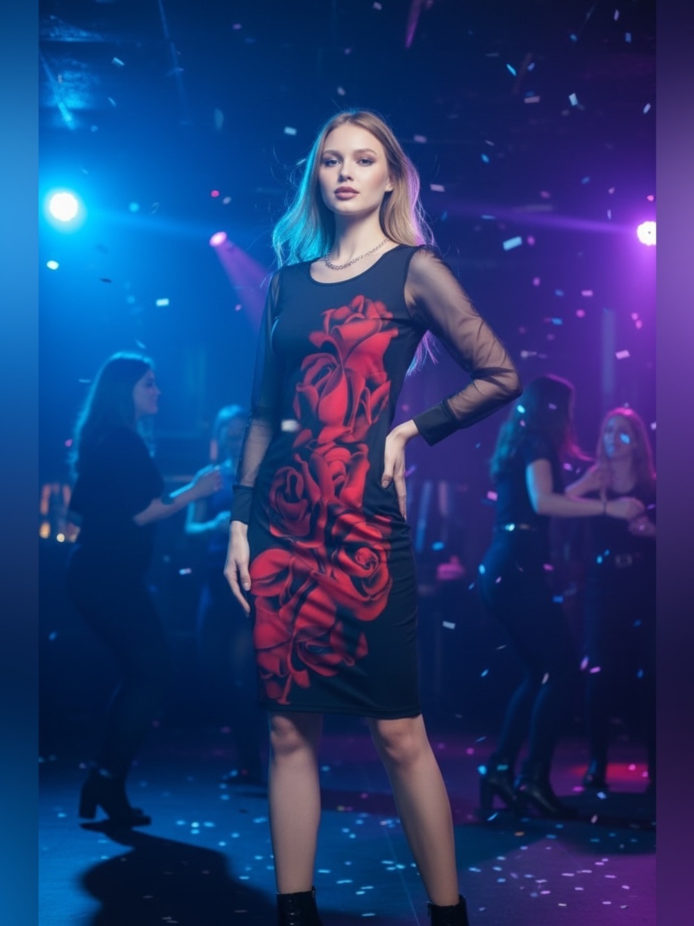 Elegant Sheer-Sleeve Black Dress with Red Rose Print